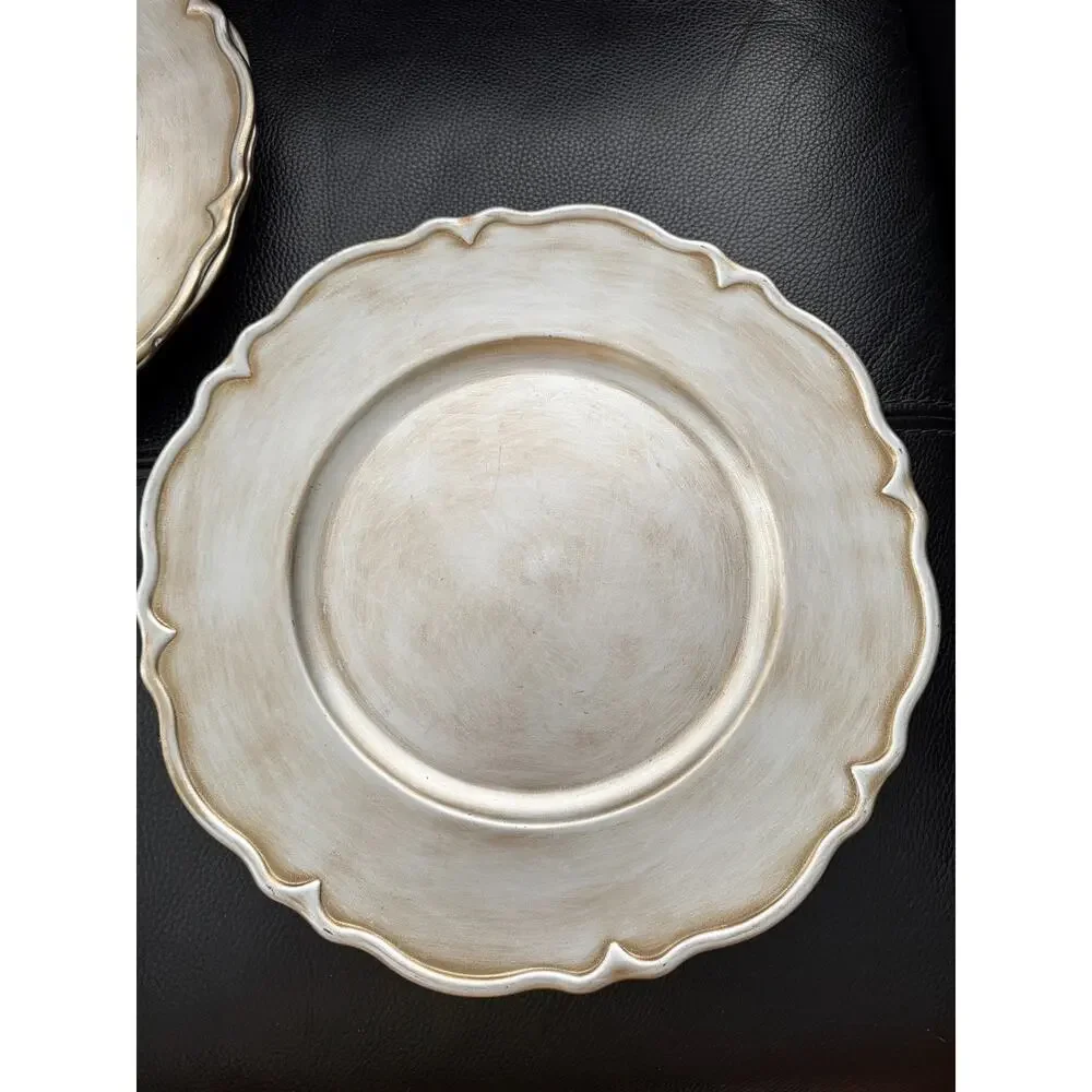 Set of 4 Pier 1 One Chargers 12.5” Brushed Silver Tone Gold Scalloped Edge